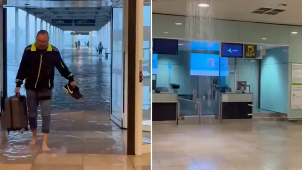 Barcelona airport as terminal and runway flooded