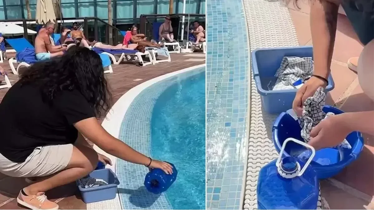 Locals, facing water shortage, raid hotel and wash clothes in pool